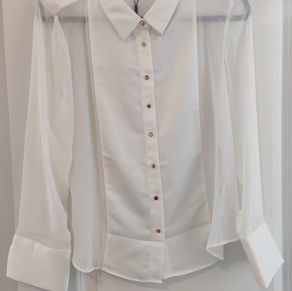 Calvin Klein Women's Petite Sheer Mesh Blouse (PXL, Cream)